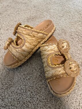Sam Edelman Straw Woven Slide Sandals in Natural Tan